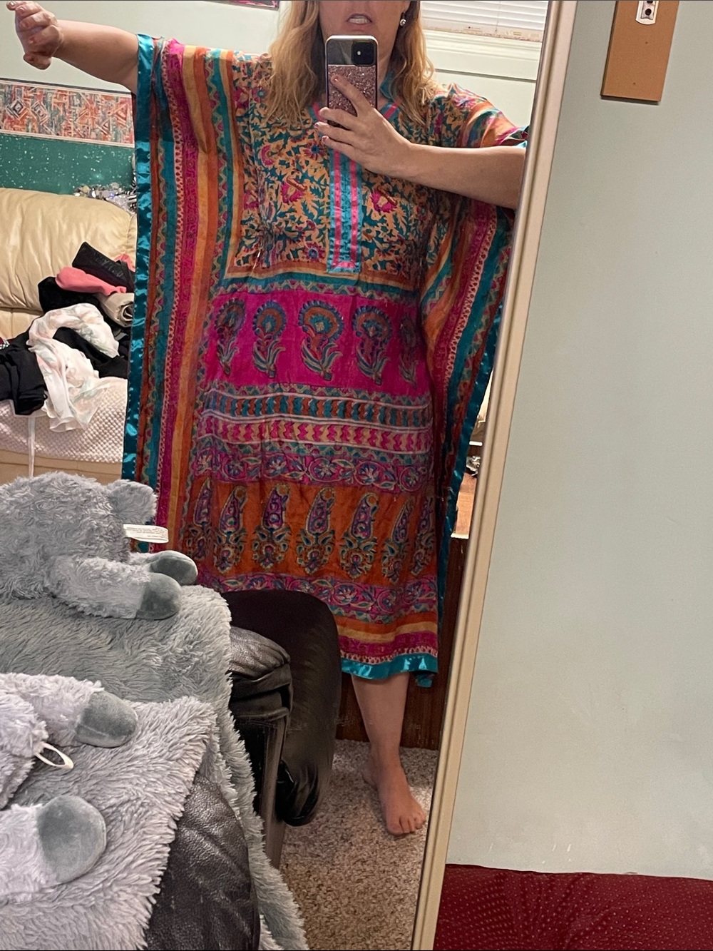 Vintage 100% silk boho printed caftan - Picture 6 of 8